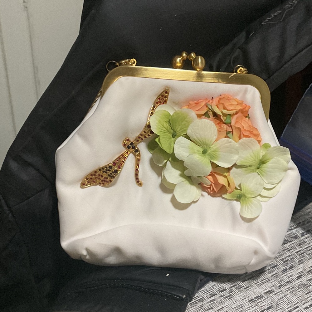Moo Roo White Clutch with Floral and Gold Bow